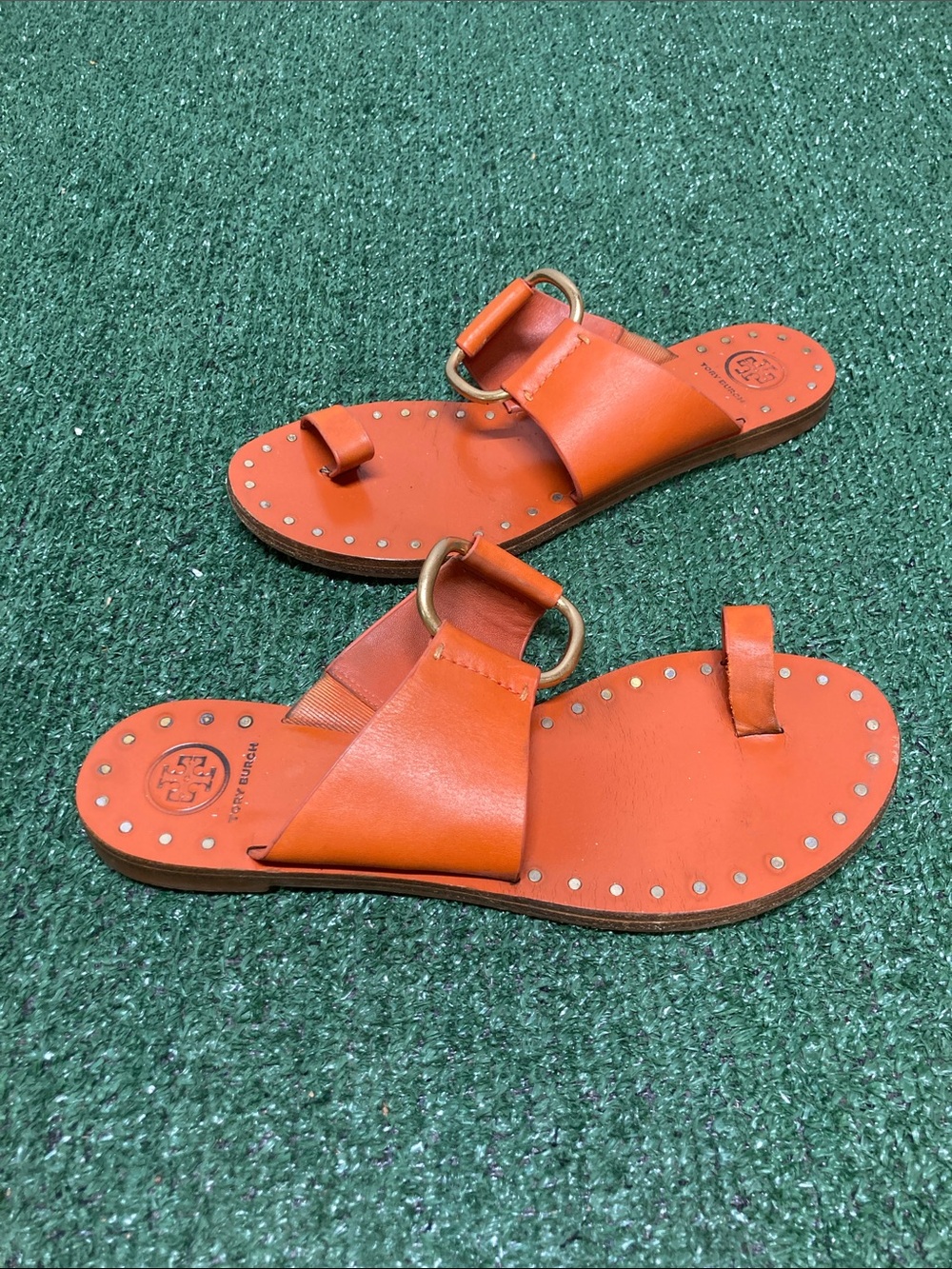 Tory Burch Orange Leather Slide Sandals with Toe Loop sz 8 (OKPM-10-04)